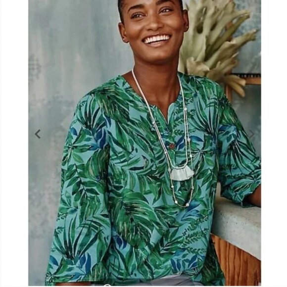 J. Jill Shirred Voile Blouse Tropical Botanical Print Popover Cotton Boxy Top M - Picture 1 of 7